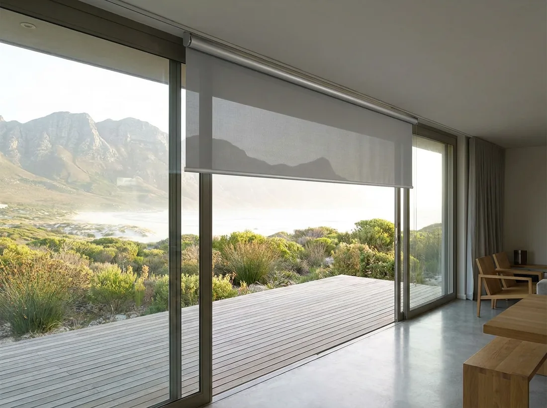 A single smooth flat sunscreen-mesh roller blind half-lowered over wide sliding doors in a Noordhoek beach-modern home, the beach and mountain still visible through the mesh