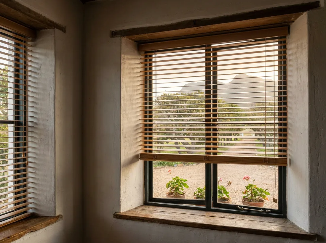 Warm timber venetian blinds with horizontal wooden slats tilted against the afternoon sun in a deep-set casement window of a Cape-vernacular Noordhoek farmhouse